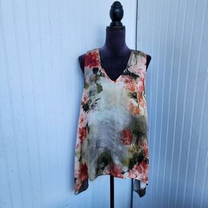 Karen Kane Olive Green Red Floral Satin Uneven Hem Tank Women's Flowy Sz XL